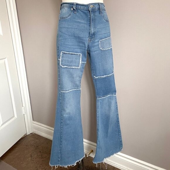 70s Style Patchwork Super High-Rise Flare Hippie Jeans - 28-29"/M - Picture 5 of 12